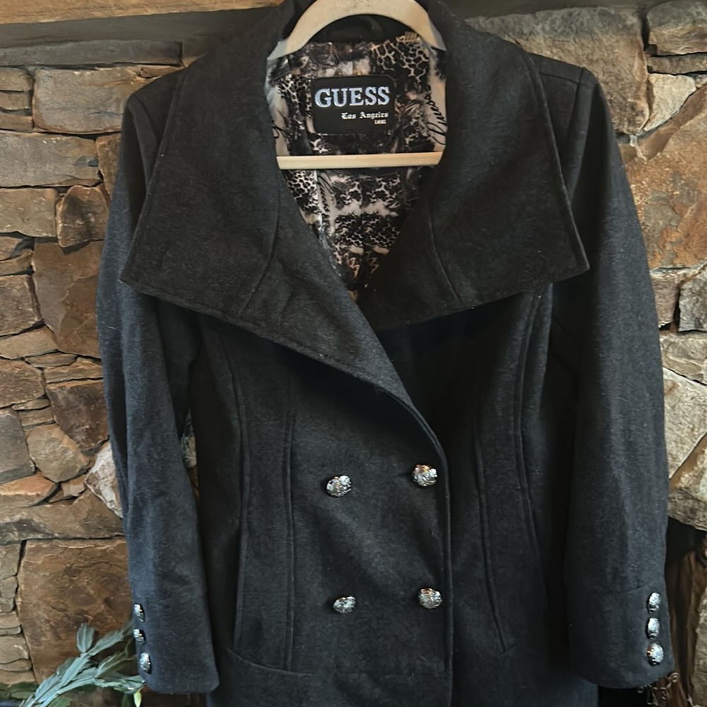 Guess Gray Wool Double Breasted Medium Coat; Fully Lined; Silver Buttons; NWOT - Picture 2 of 12